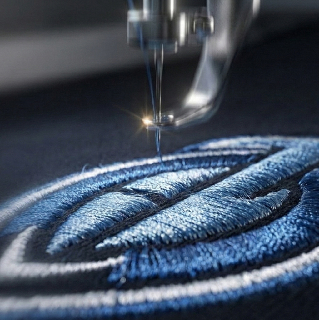 Professional high-quality color photography of a high-end industrial multi-head embroidery machine in operation.