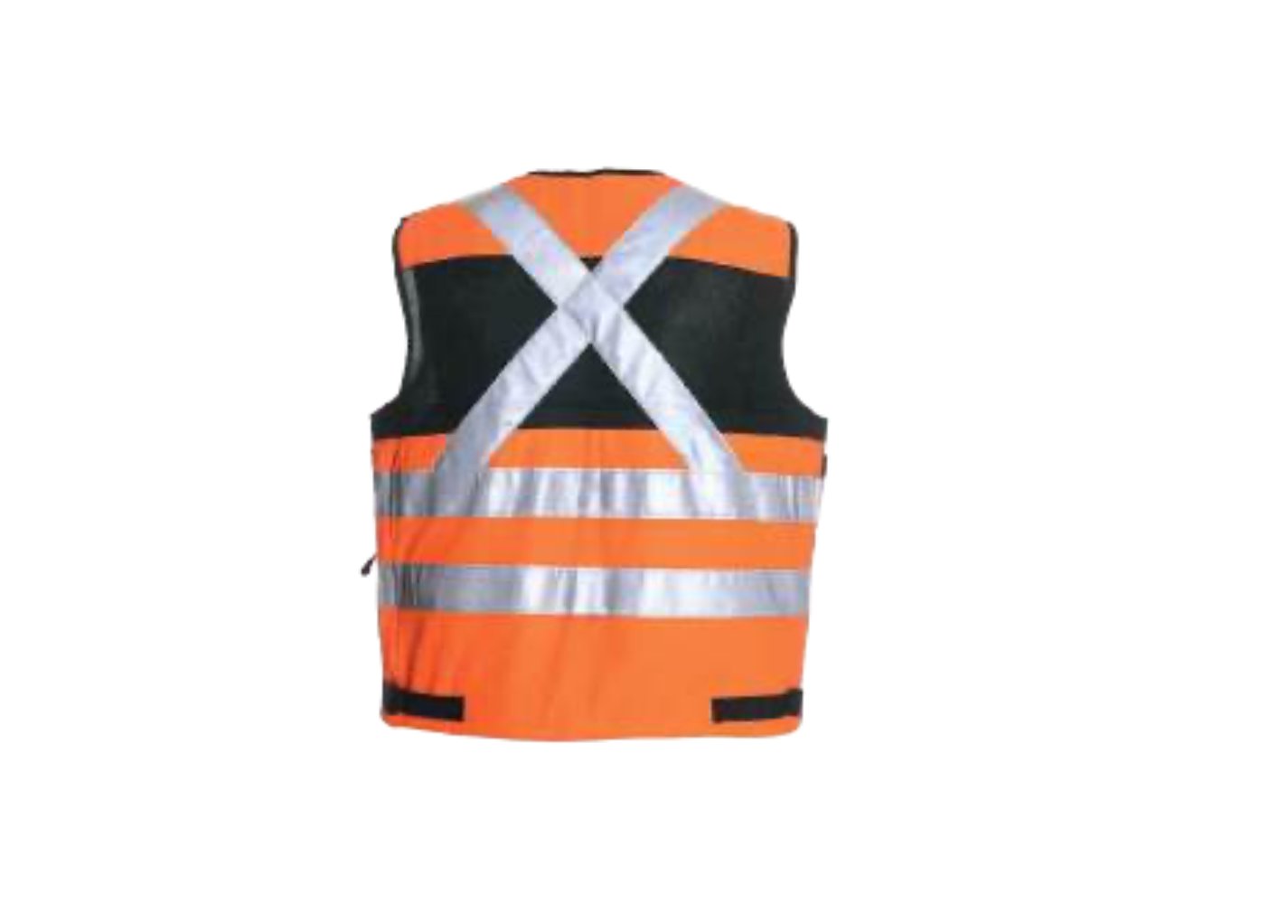 High visibility reflective bands on the back of an orange geologist vest
